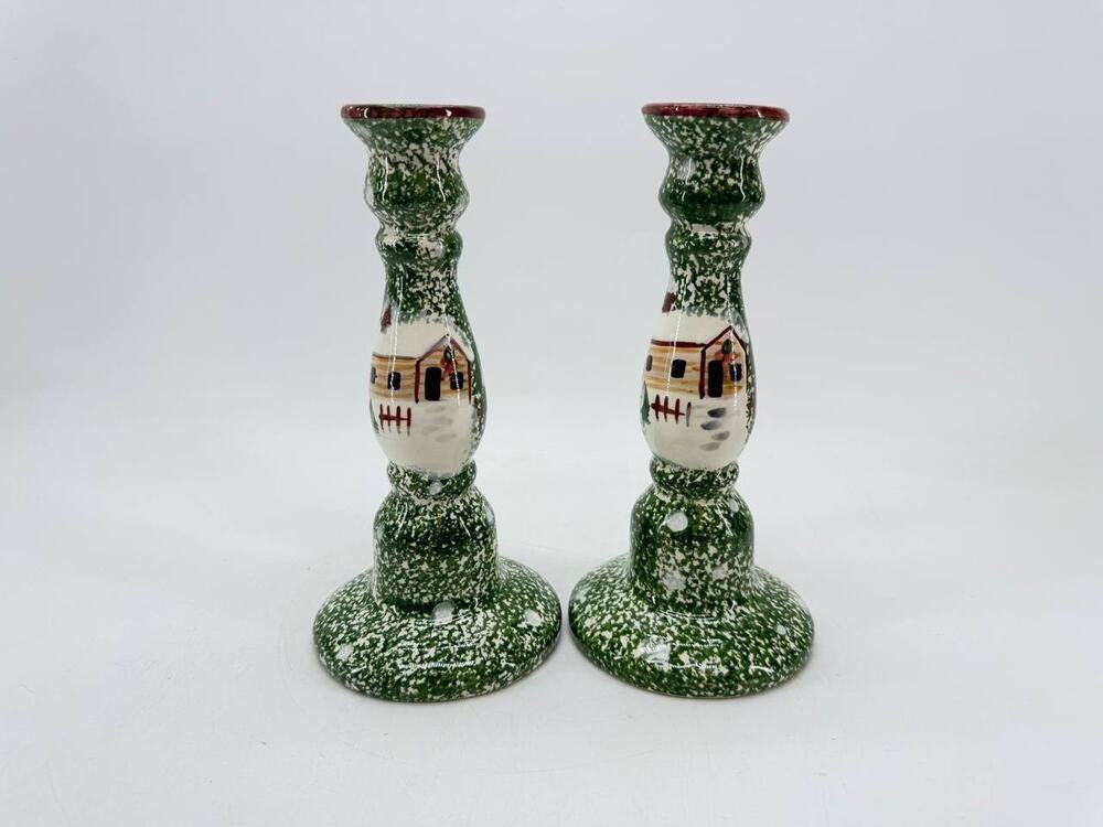 Ceramic Christmas Cottage Candlestick Holders Green Snowy Winter Thailand
